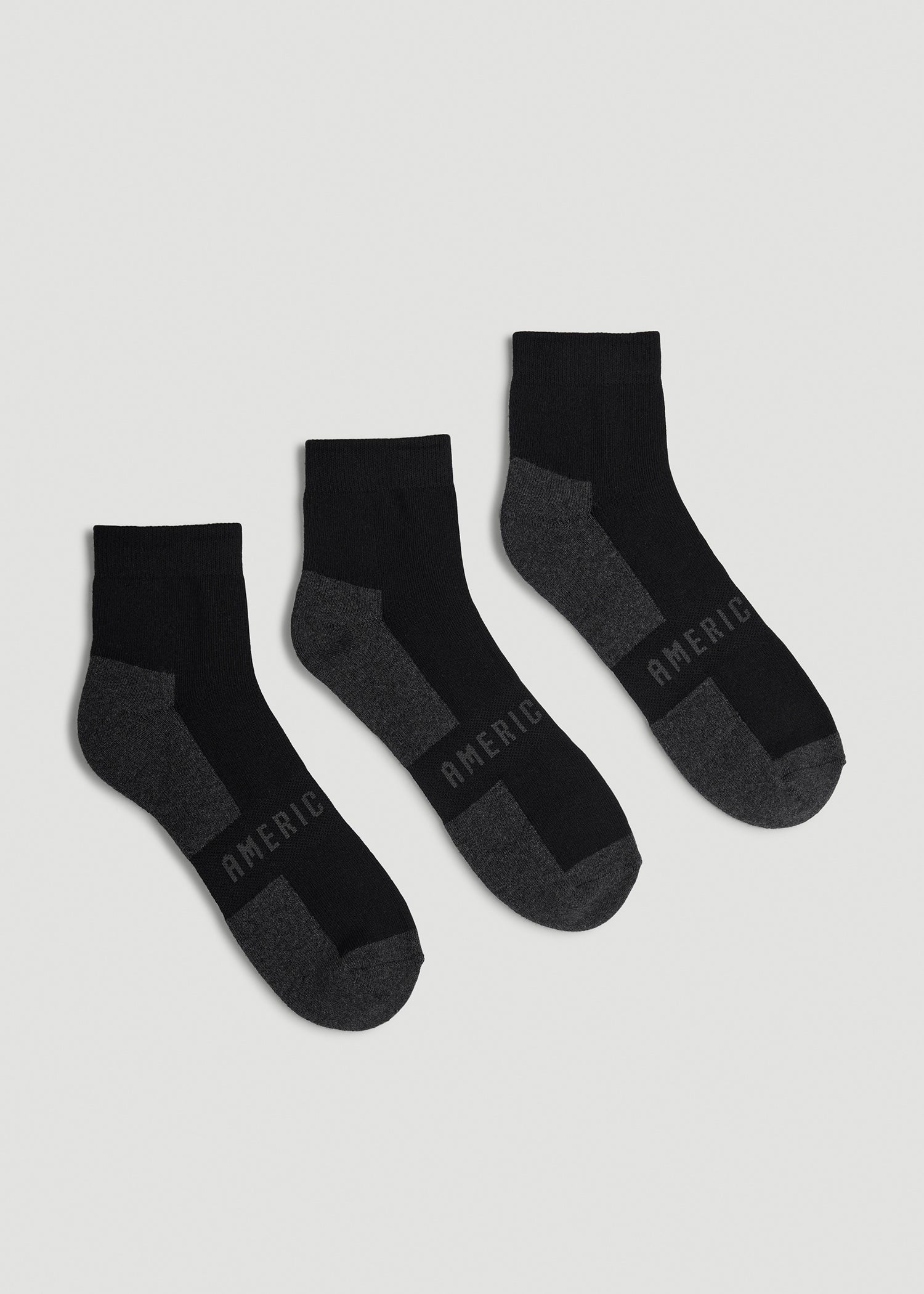 3-Pack Quarter Socks for Tall Men in Black with Grey