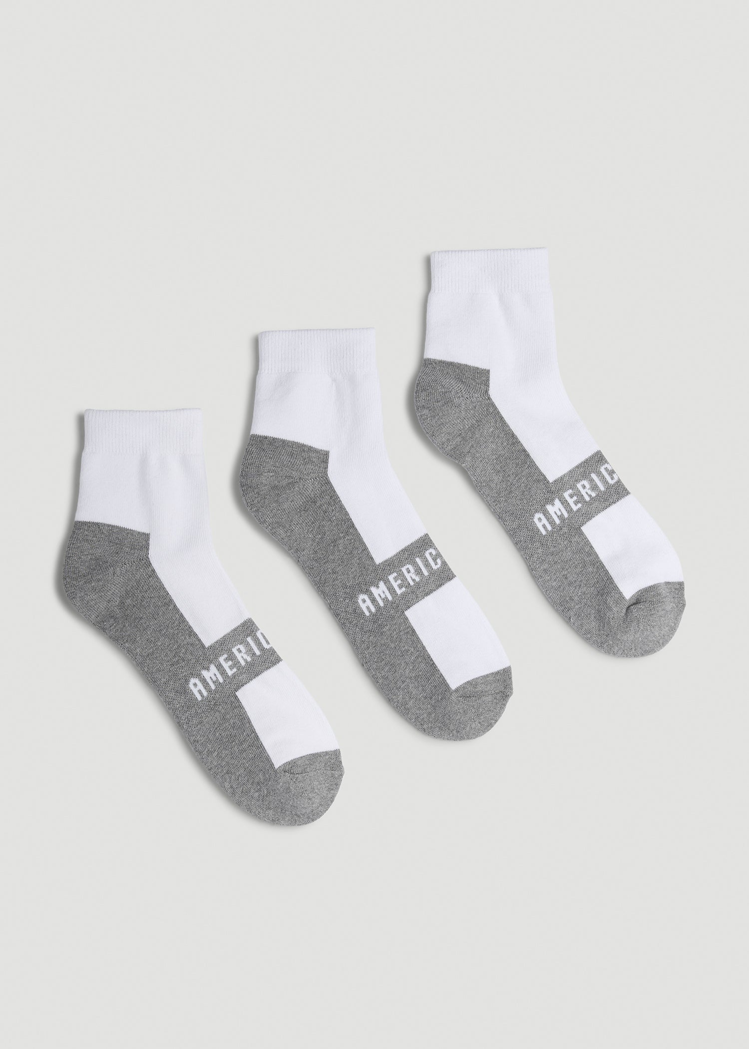 3-Pack Quarter Socks for Tall Men in White with Grey