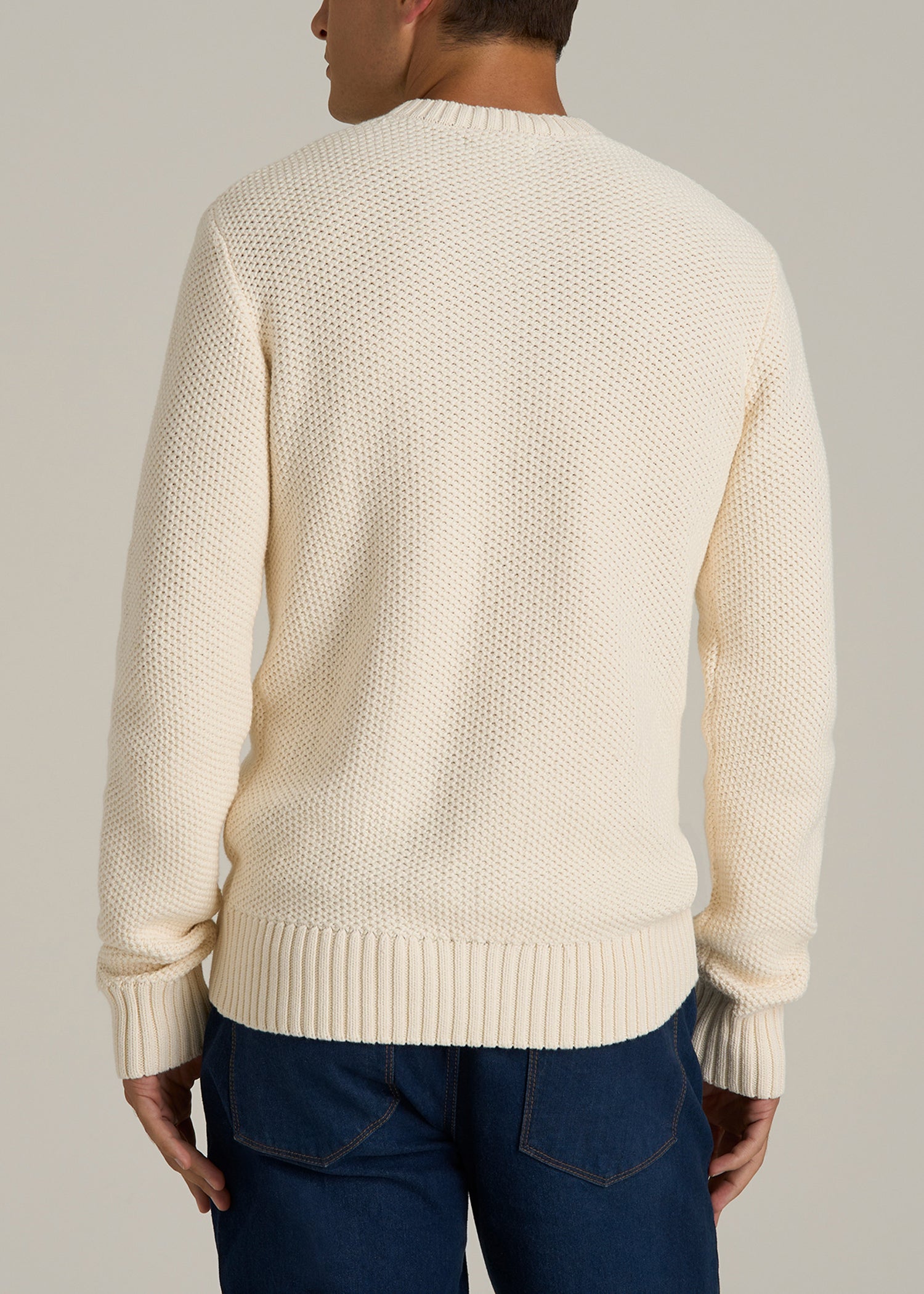 Chunky Knit Textured Crewneck Sweater for Tall Men in Natural