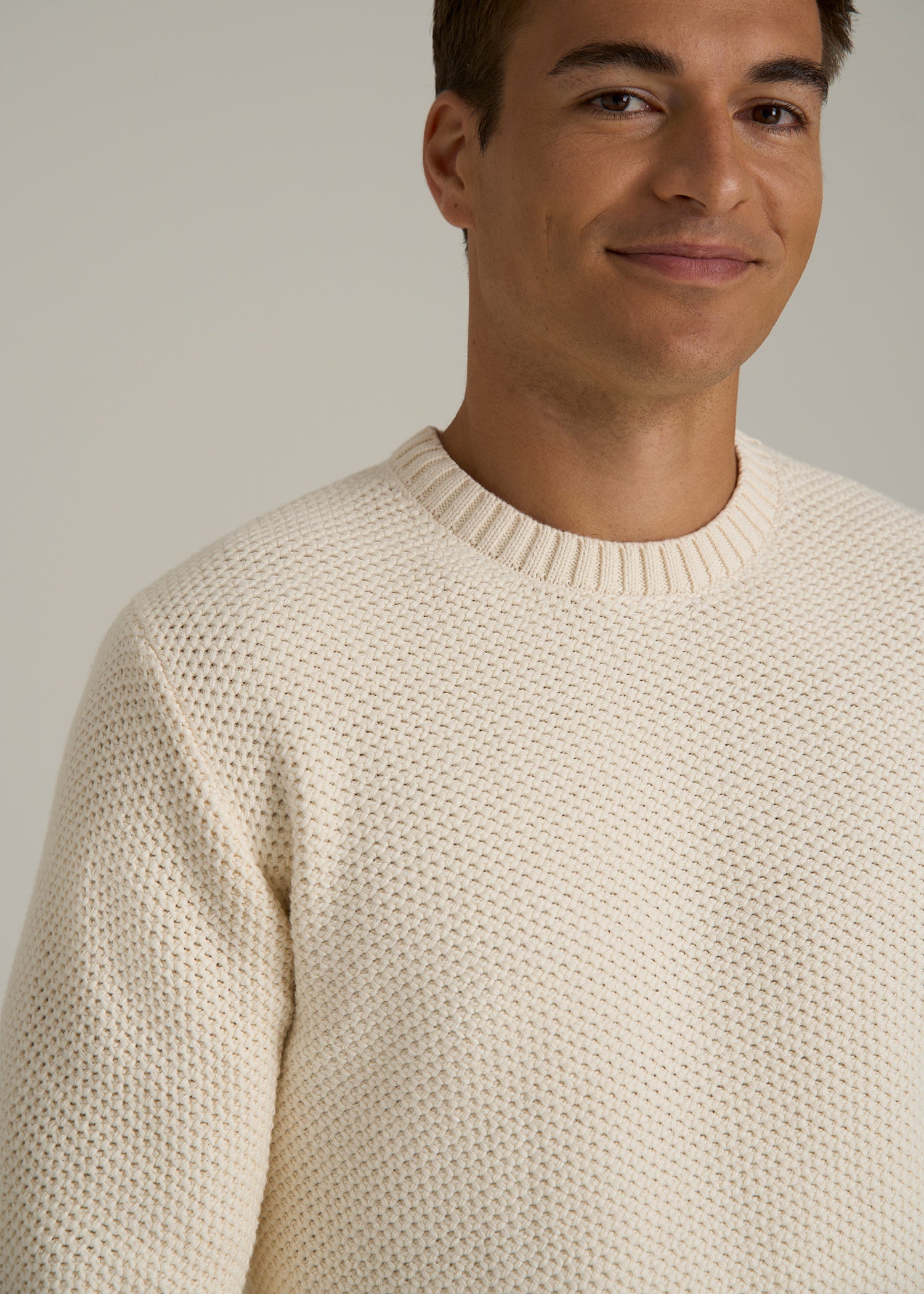 Chunky Knit Textured Crewneck Sweater for Tall Men in Natural