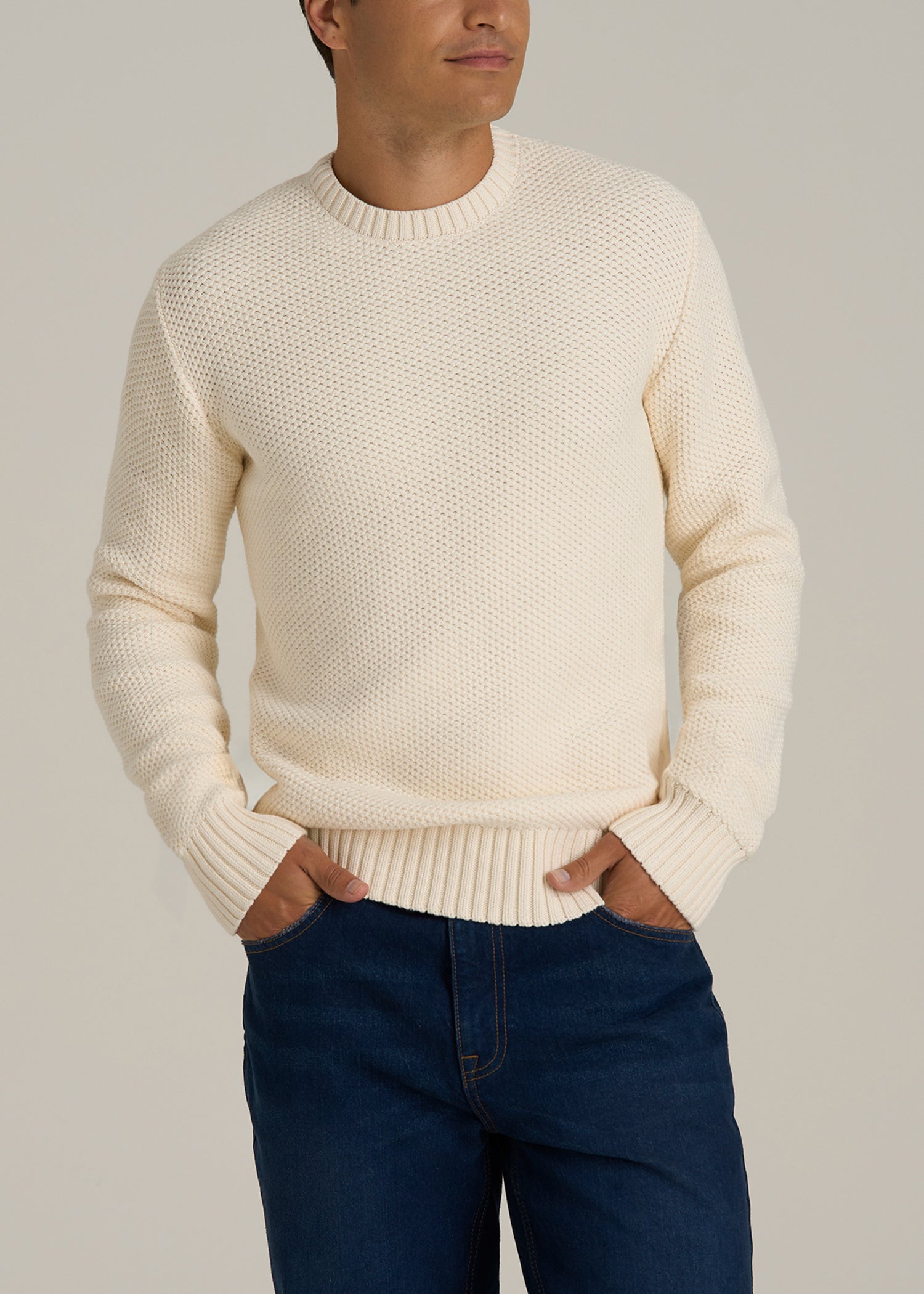 Chunky Knit Textured Crewneck Sweater for Tall Men in Natural