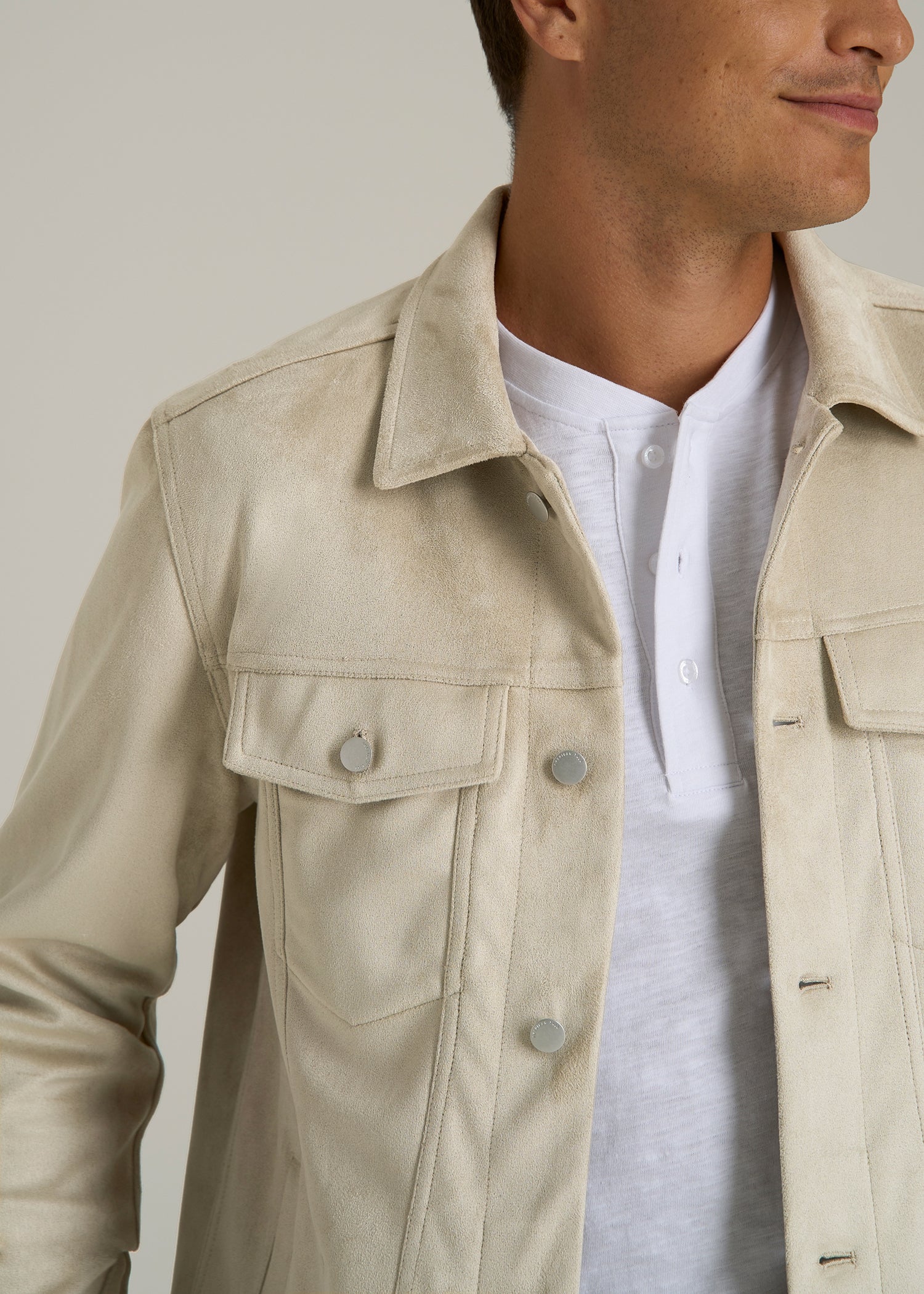 True Touch Suede Trucker Jacket for Tall Men in Overcast