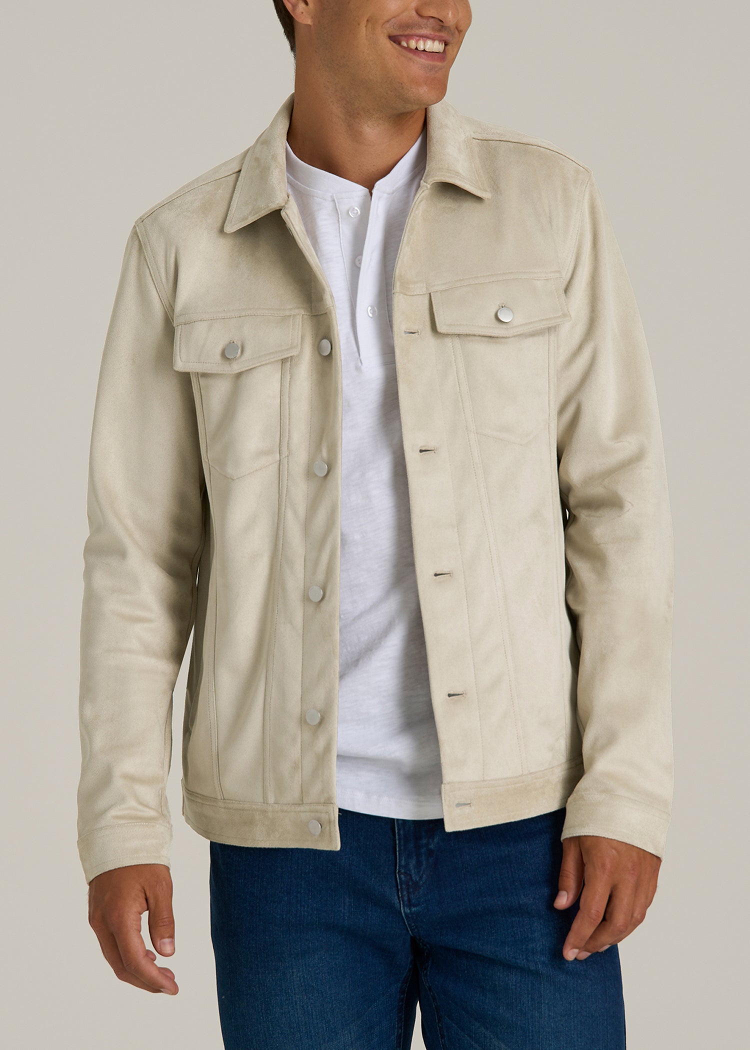 True Touch Suede Trucker Jacket for Tall Men in Overcast