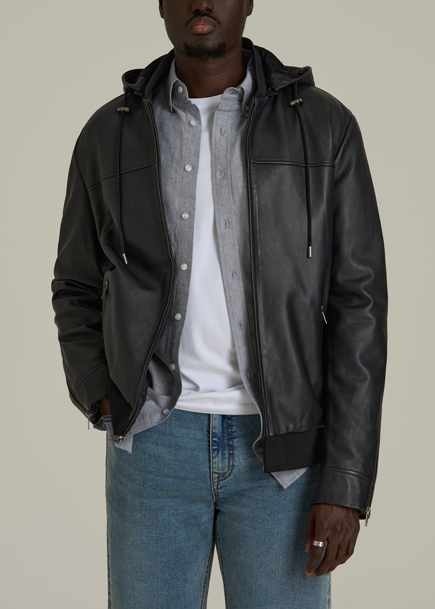 Genuine Leather Hooded Bomber for Tall Men in Black