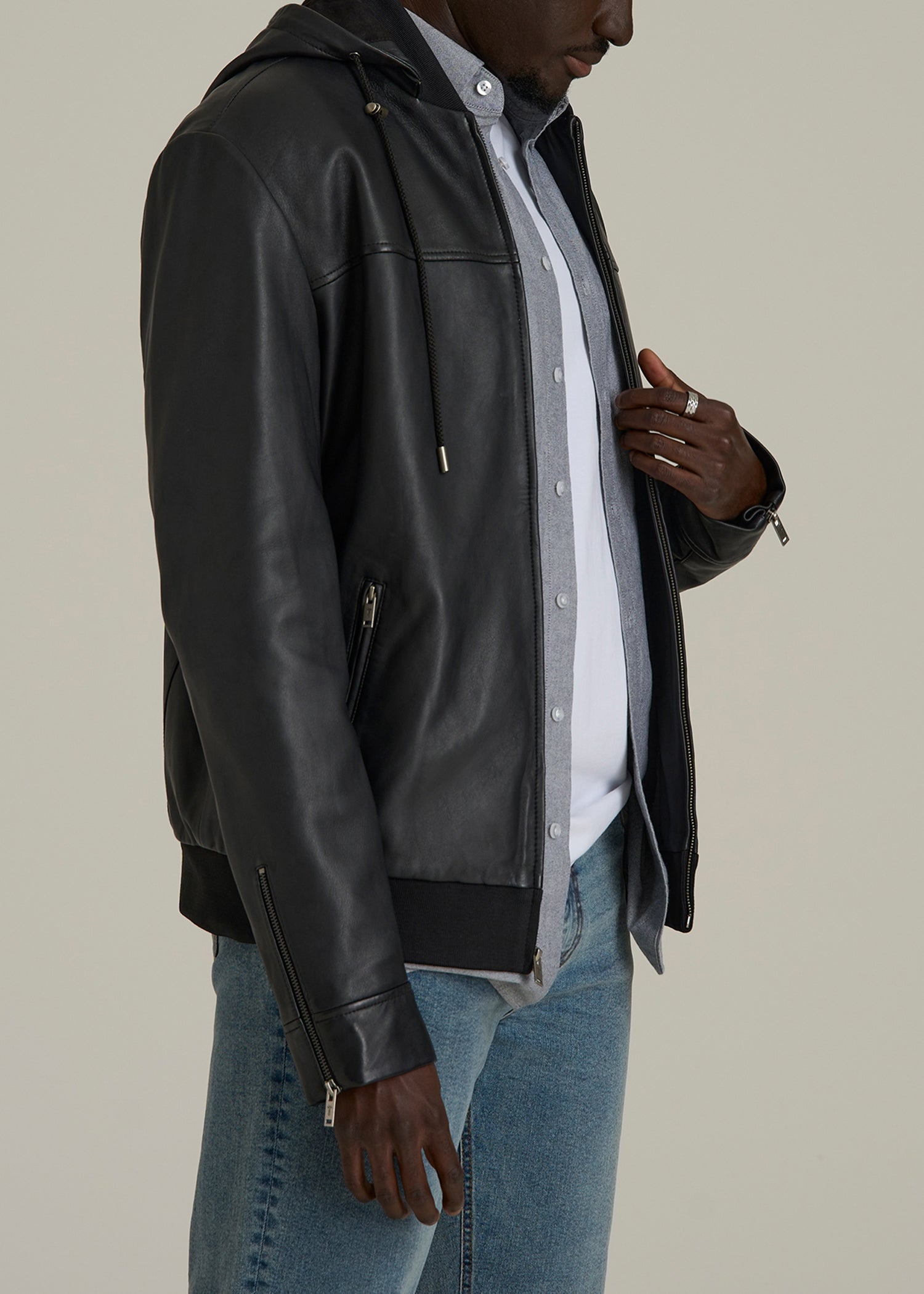 Genuine Leather Hooded Bomber for Tall Men in Black
