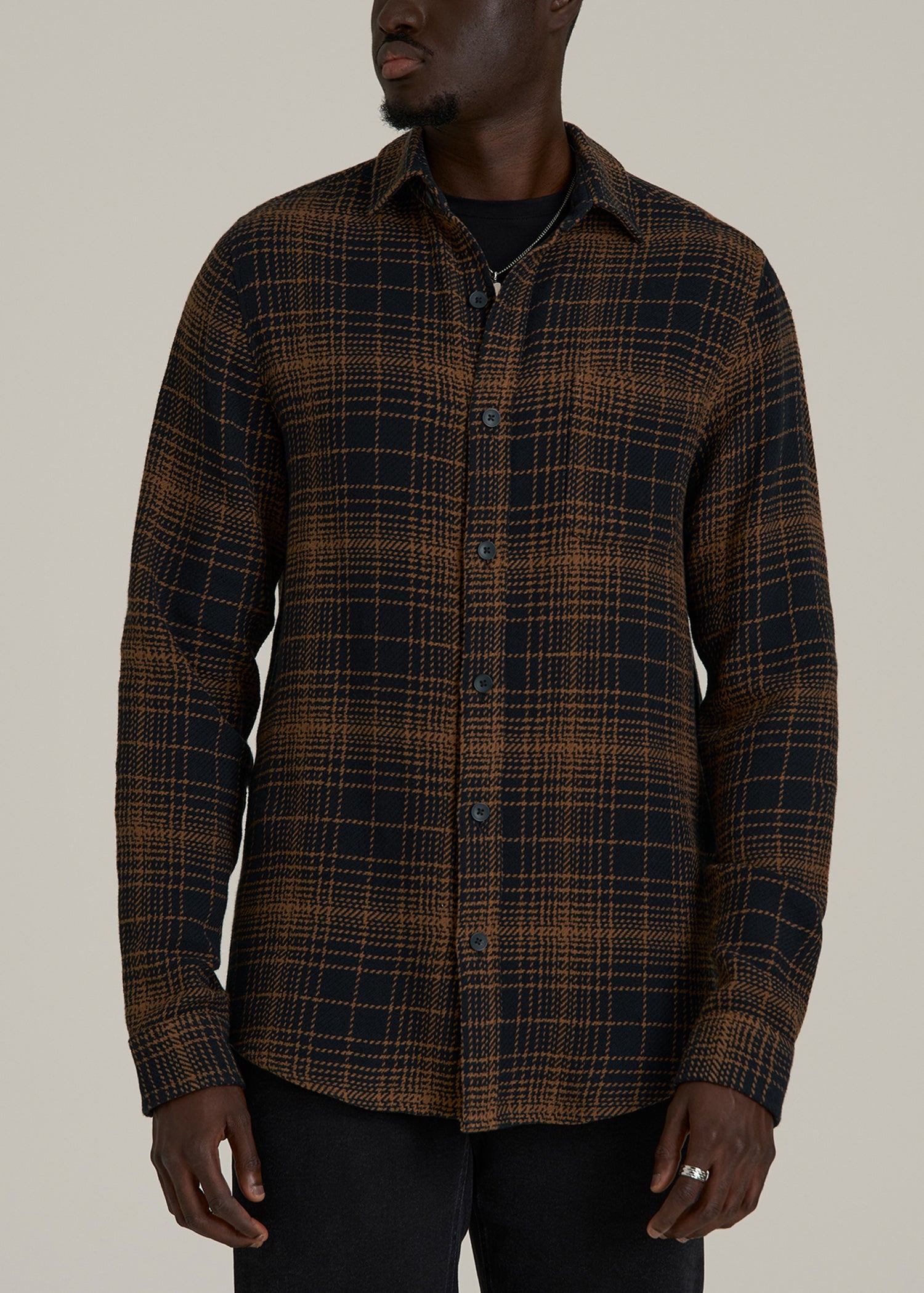 Lightweight Woven Overshirt for Tall Men in Black and Caramel Plaid