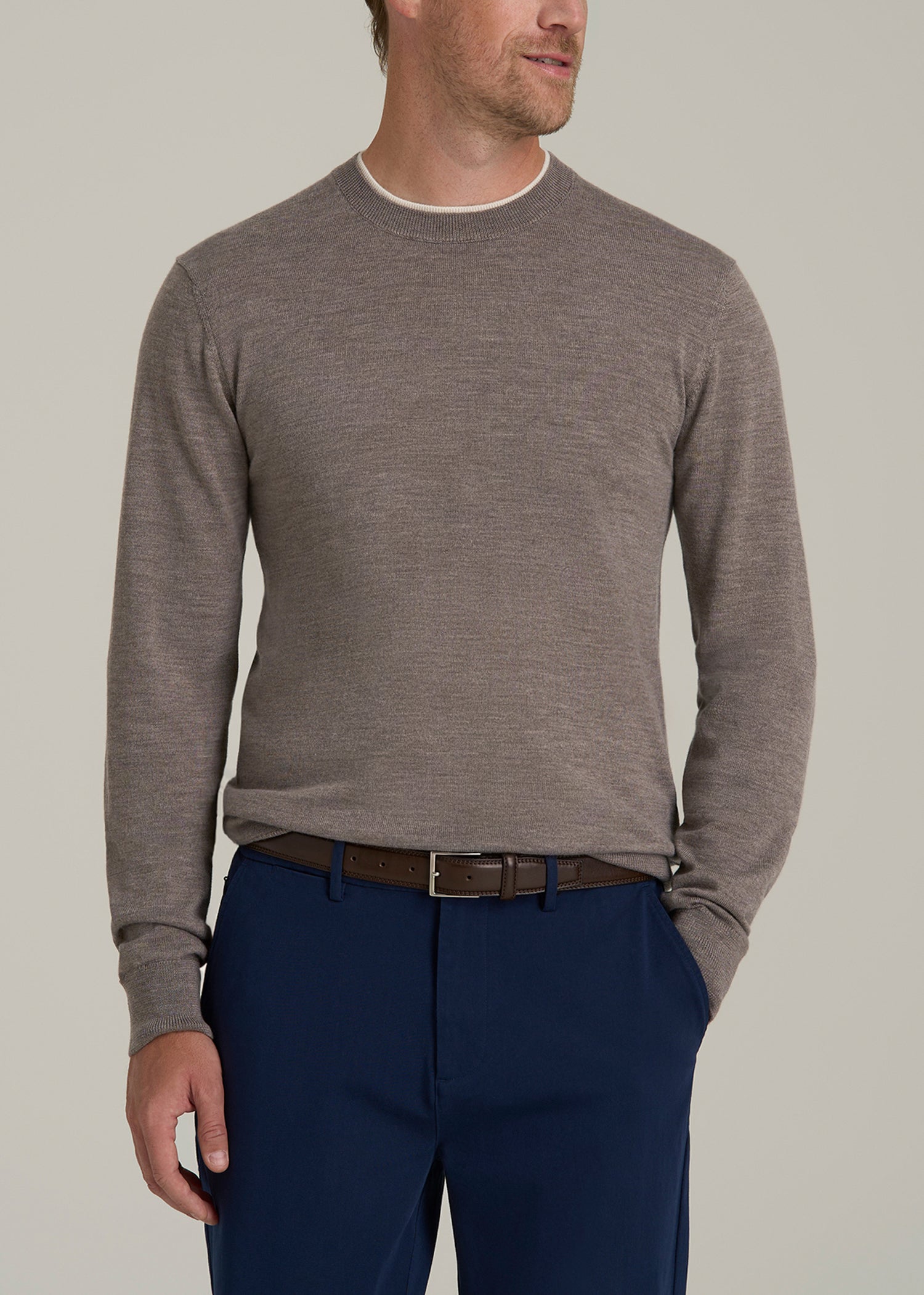 Merino Wool Crewneck Tip Sweater for Tall Men in Pinecone