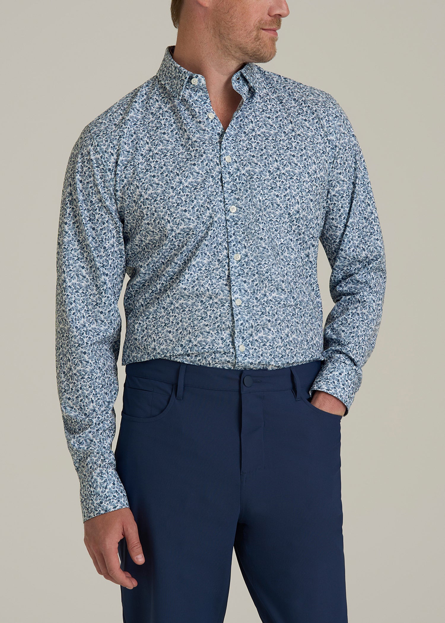 Traveler Stretch Dress Shirt for Tall Men in Blue Scattered Floral