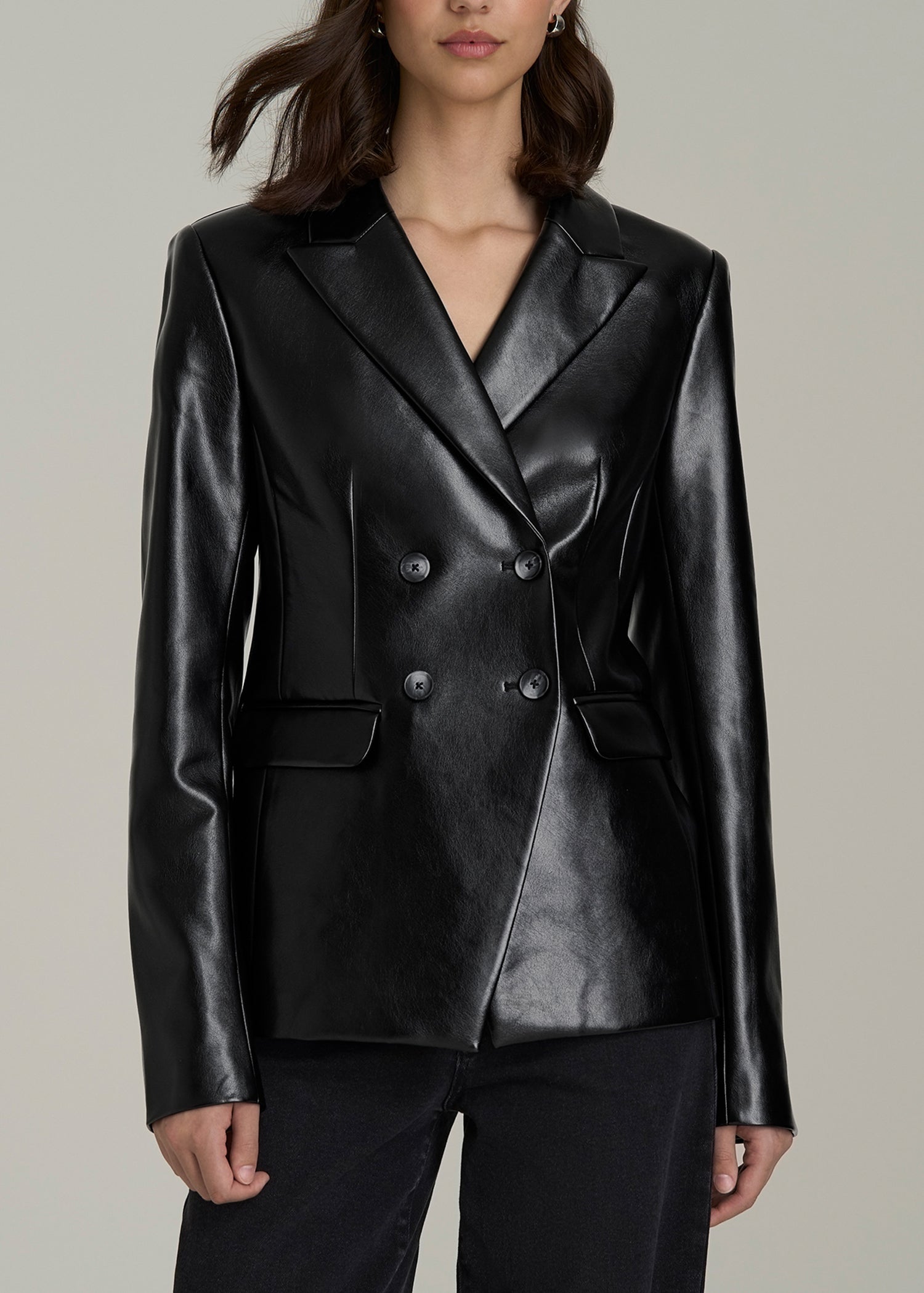 True Touch Leather Double Breasted Blazer for Tall Women in Black