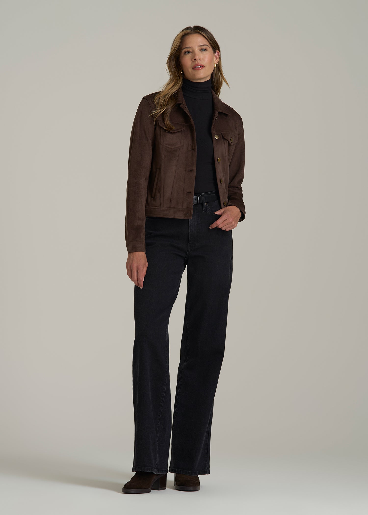 True Touch Suede Trucker Jacket for Tall Women in Espresso