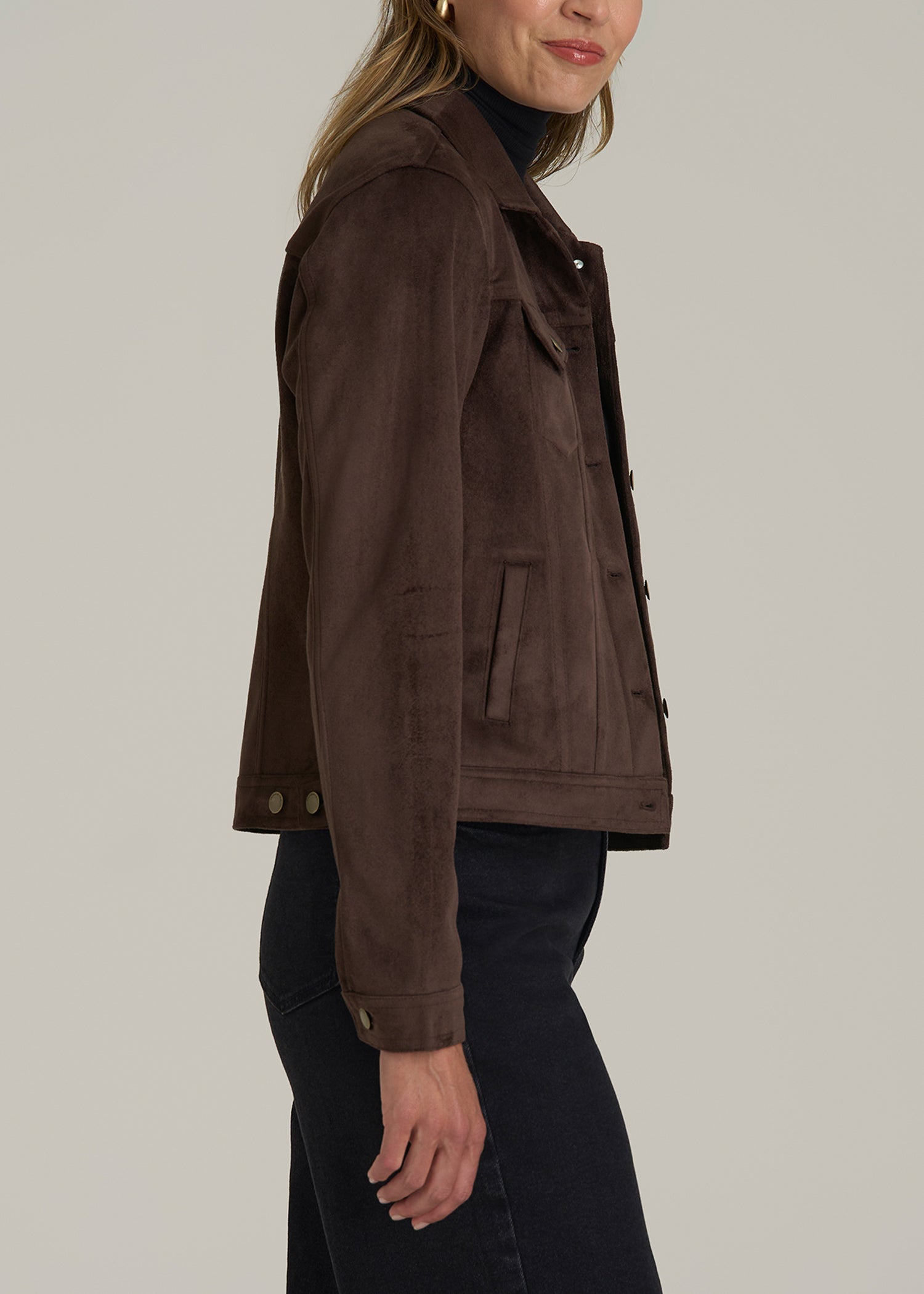 True Touch Suede Trucker Jacket for Tall Women in Espresso