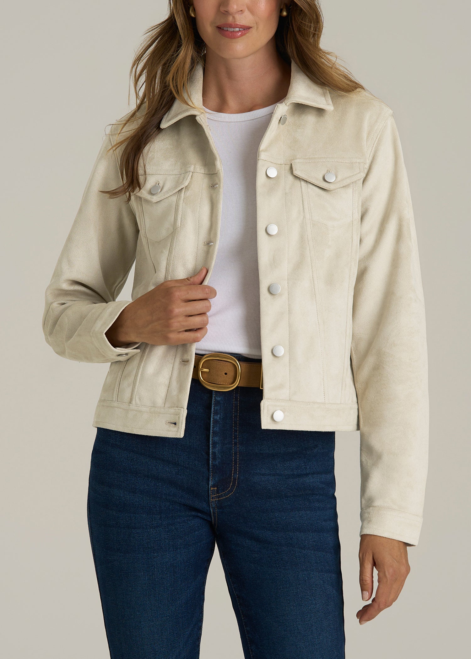 True Touch Suede Trucker Jacket for Tall Women in Overcast