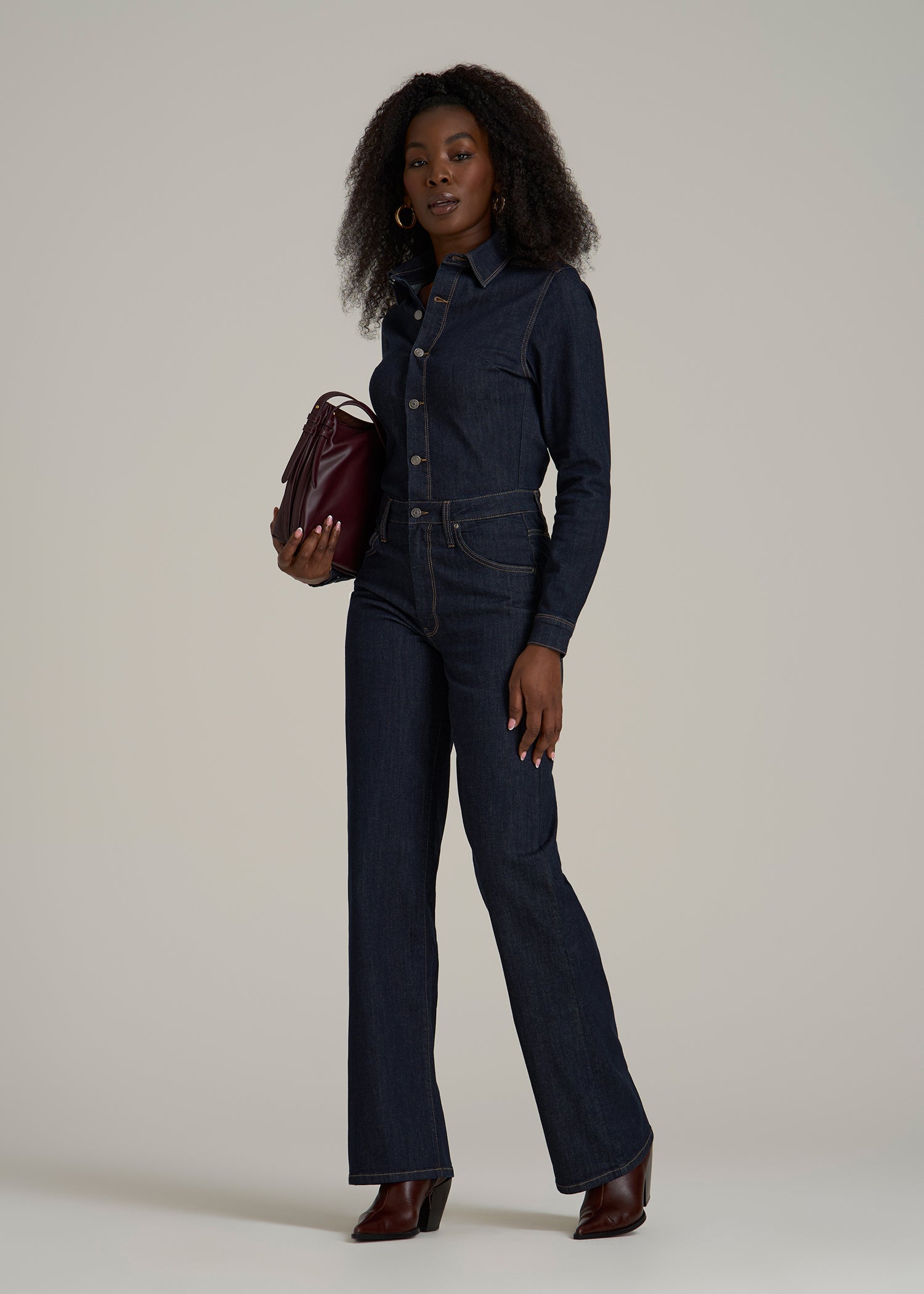 Long Sleeve Denim Jumpsuit for Tall Women in Rinse Wash