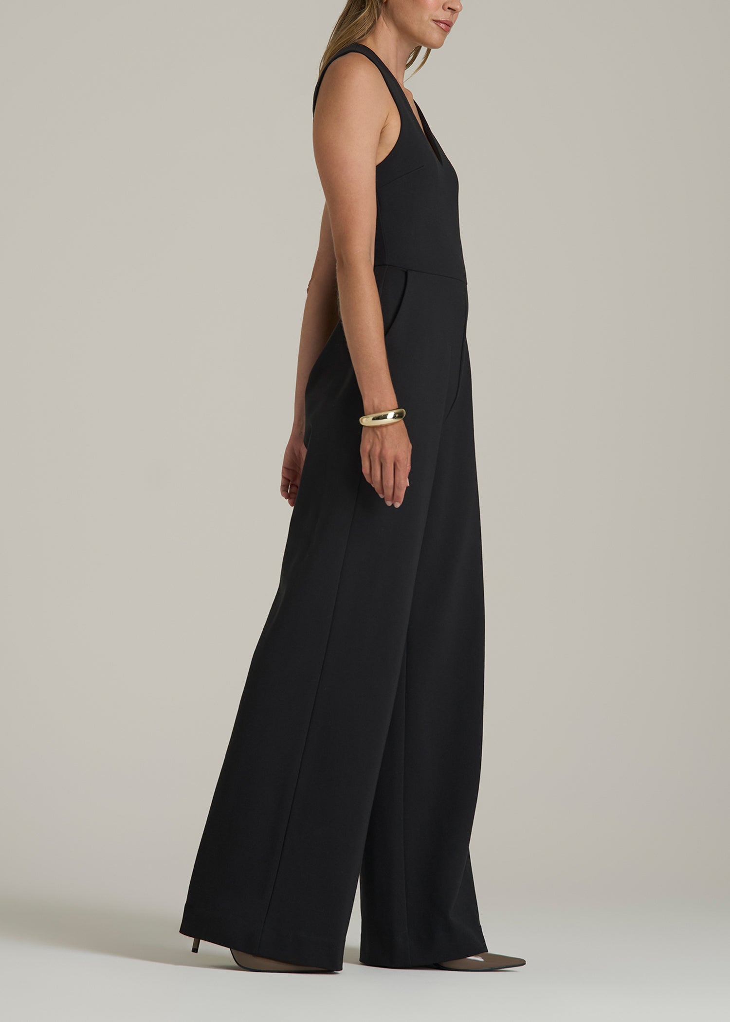 Soft Flex Ponte Wide-Leg V-Neck Jumpsuit for Tall Women in Black