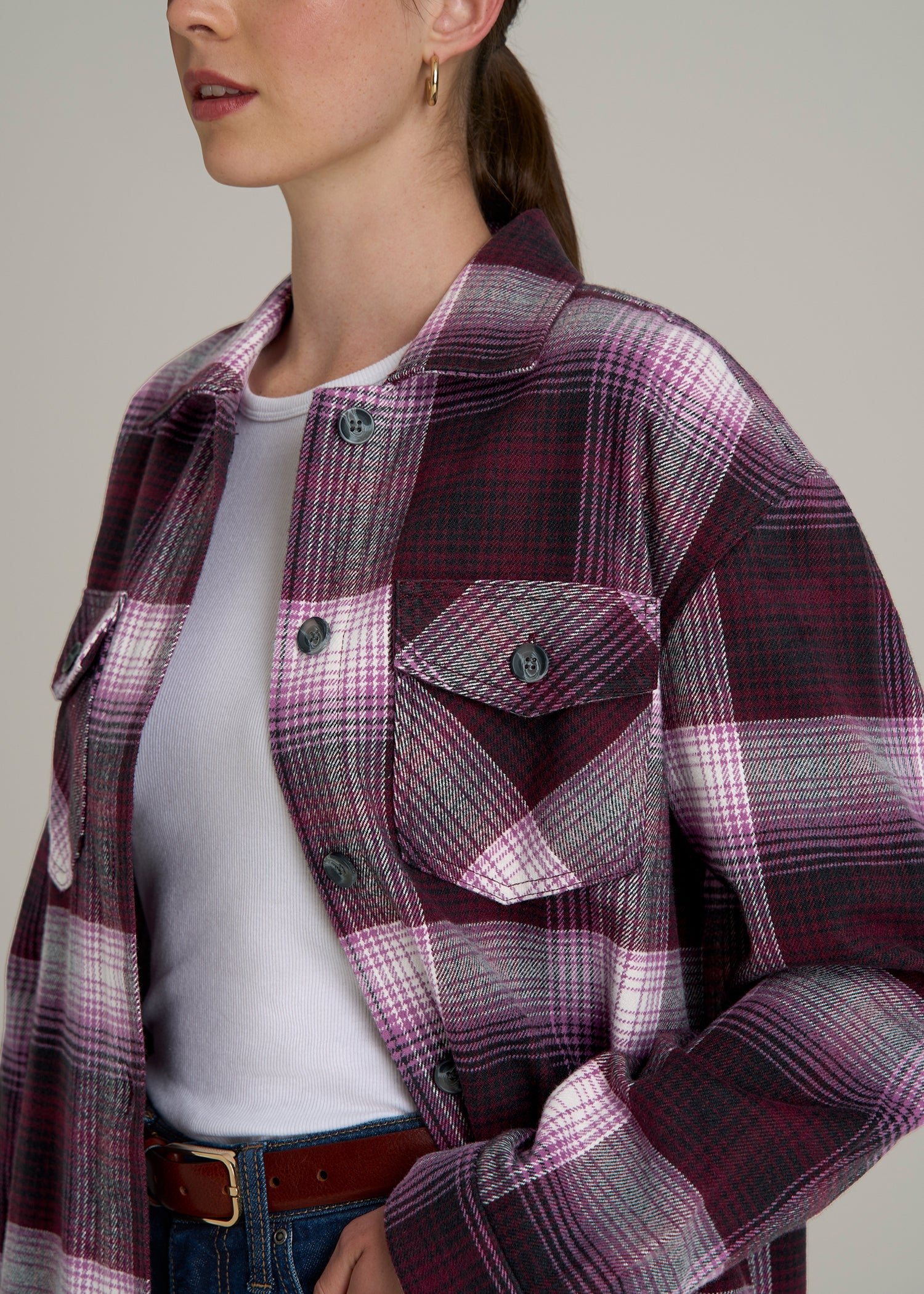 Flannel Shacket for Tall Women in Tawny Port Plaid