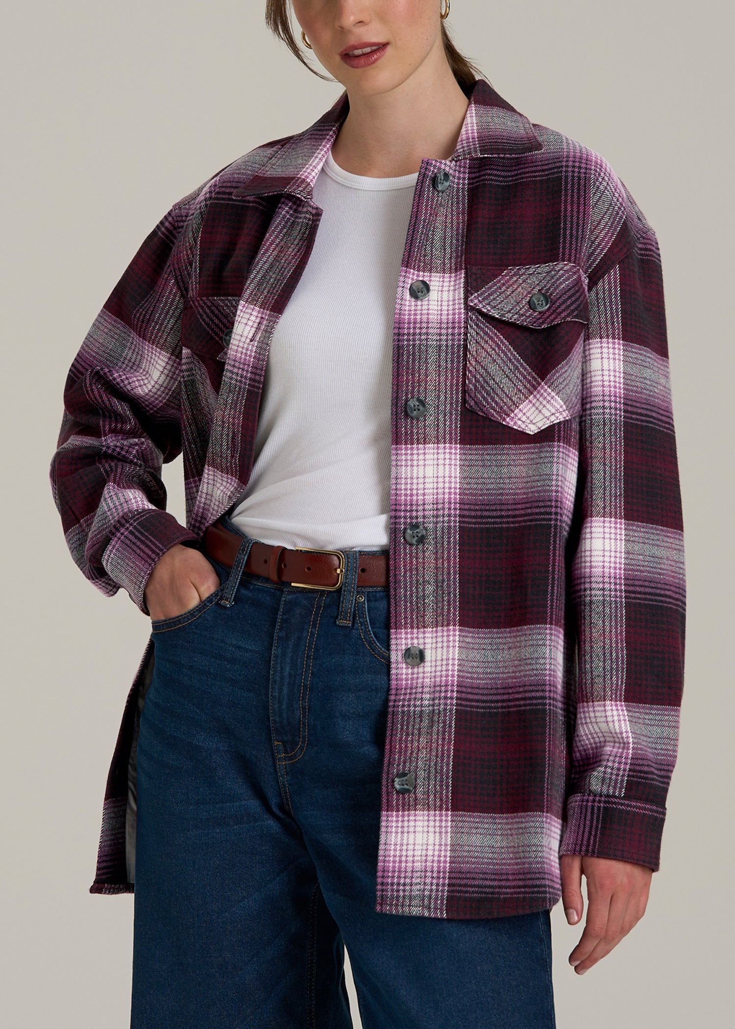 Flannel Shacket for Tall Women in Tawny Port Plaid